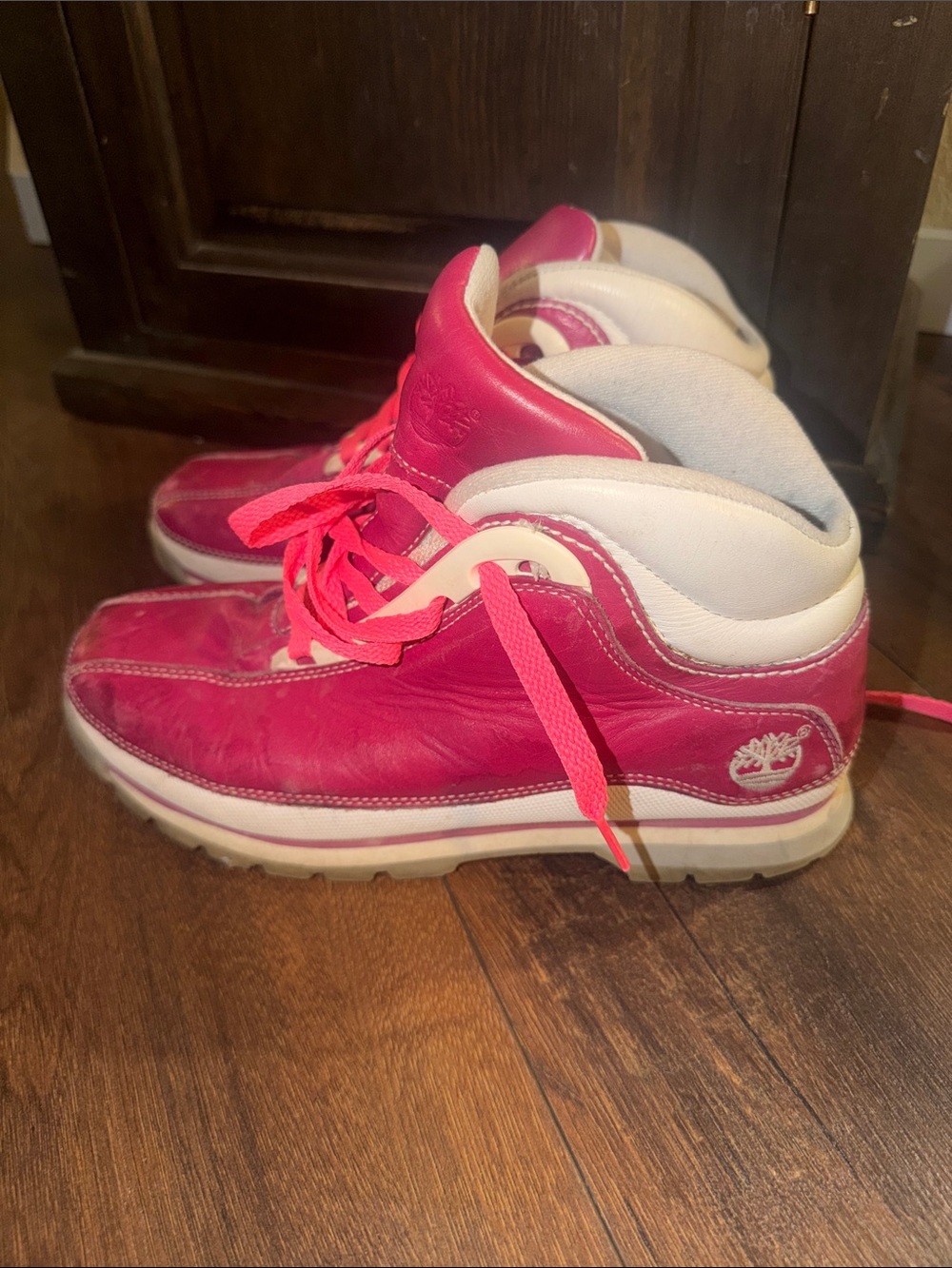 Vintage Timberland Y2K Pink and White Euro Dub Boots, High-Top, Sz 8